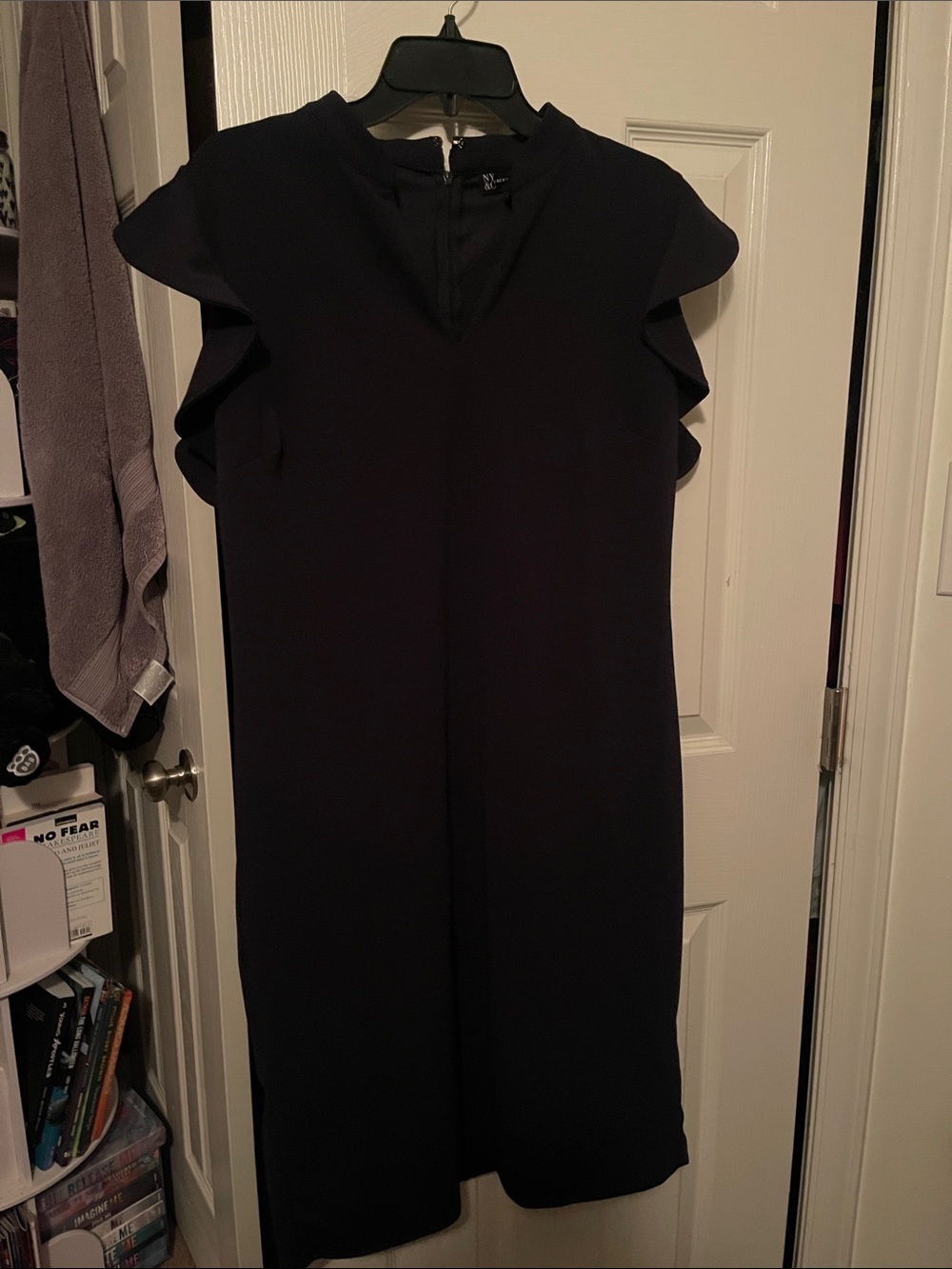 New York & Company Black Ruffle Sleeve Midi Shift Dress